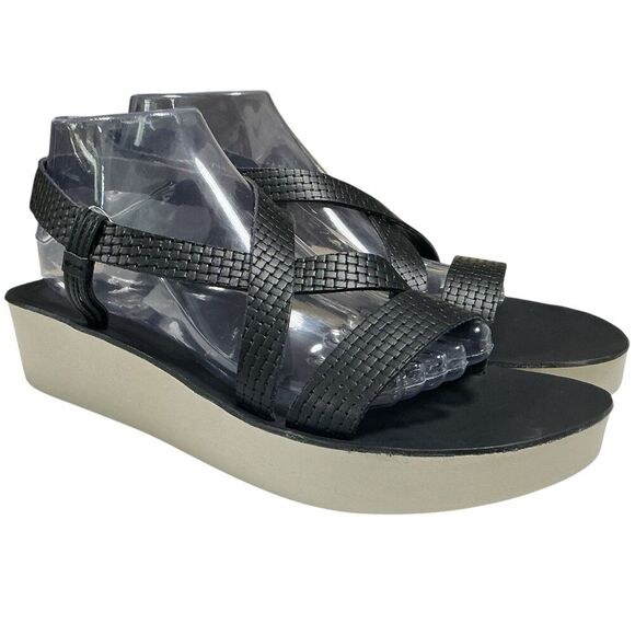 Olukai Sandals Womens 10 Black White Sand Onohi Strappy Leather Platform NEW - Picture 1 of 11